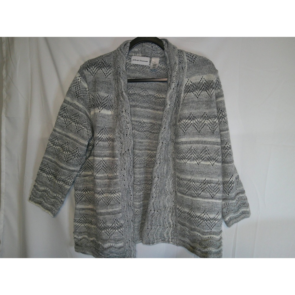 Alfred Dunner Women's Gray White Patterned Knit Cardigan Sweater Size‎ M